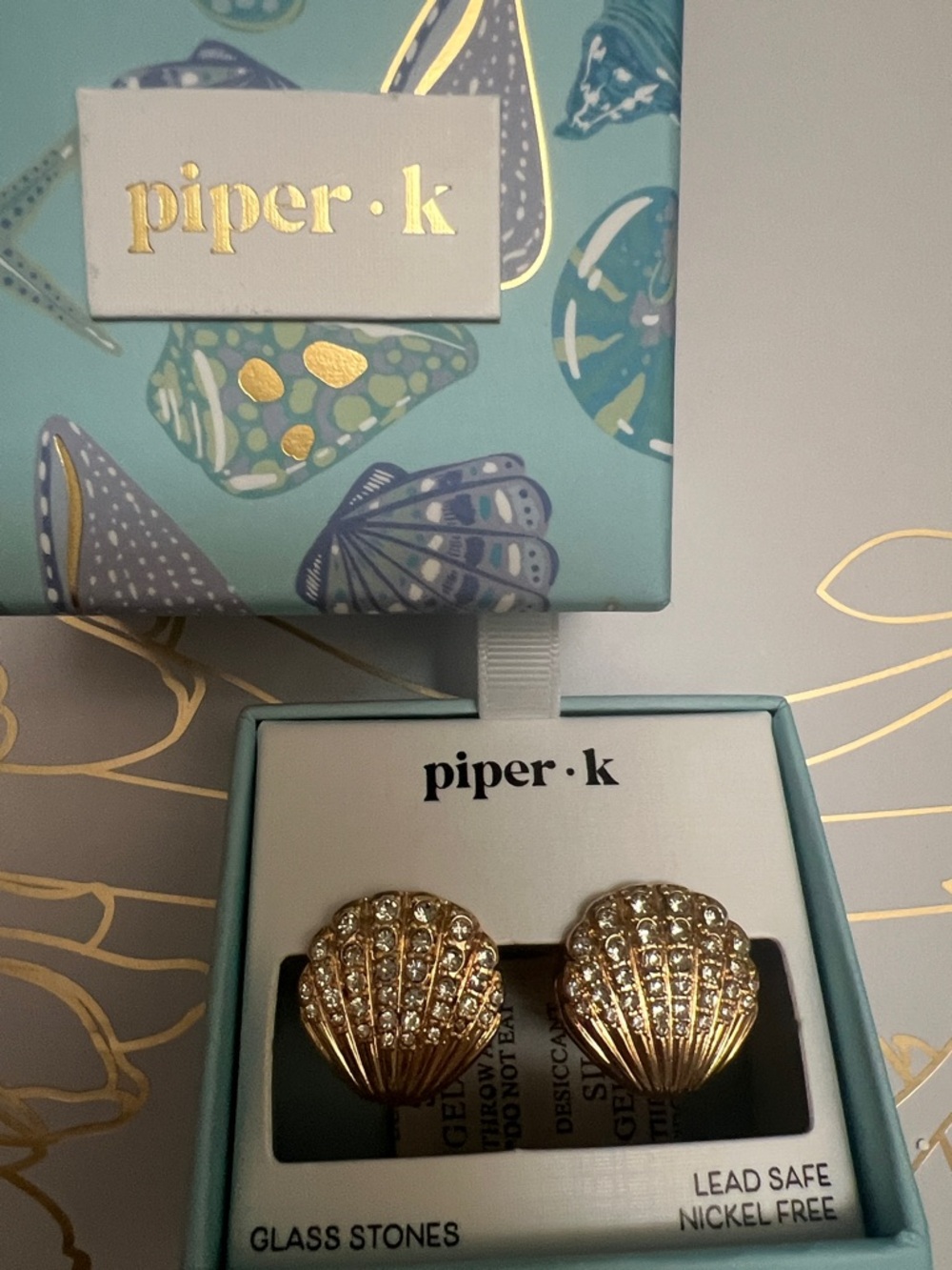 Piper K Gold Crystal Seashell Earrings BNIB COASTAL CHIC